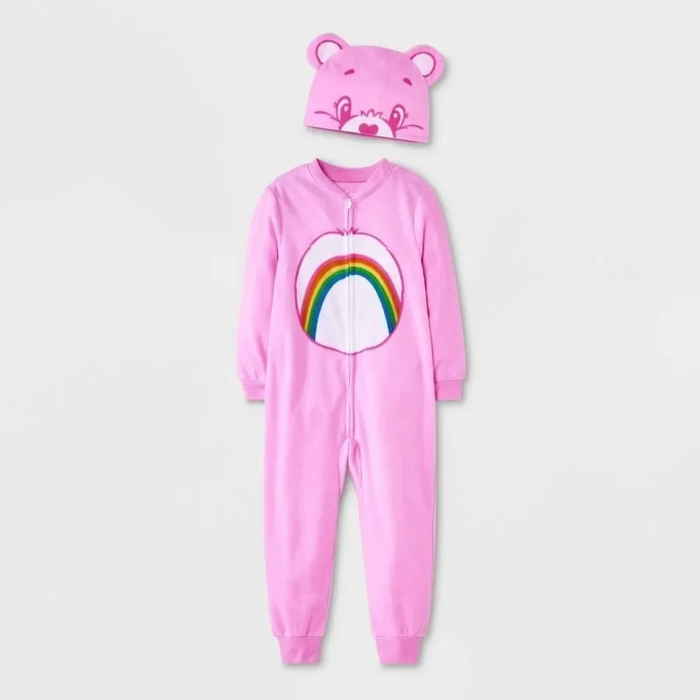 Nwt Toddler Girl's Care Bears Pink Blanket Sleeper Footed Pajama w Hat